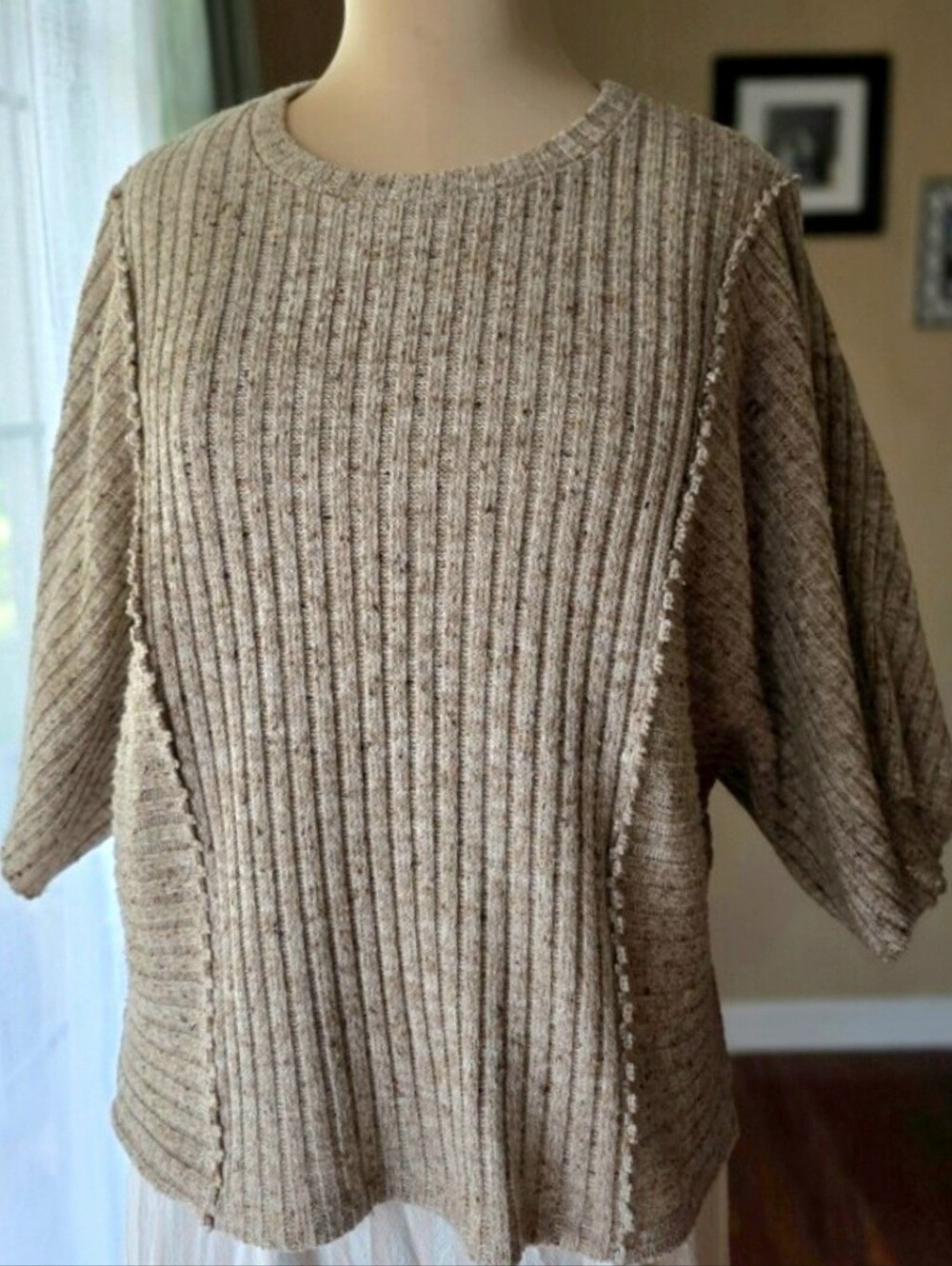 Altar'd State‎ Tan Ribbed Speckled Dolman Sleeve Knit Sweater Top Size Medium